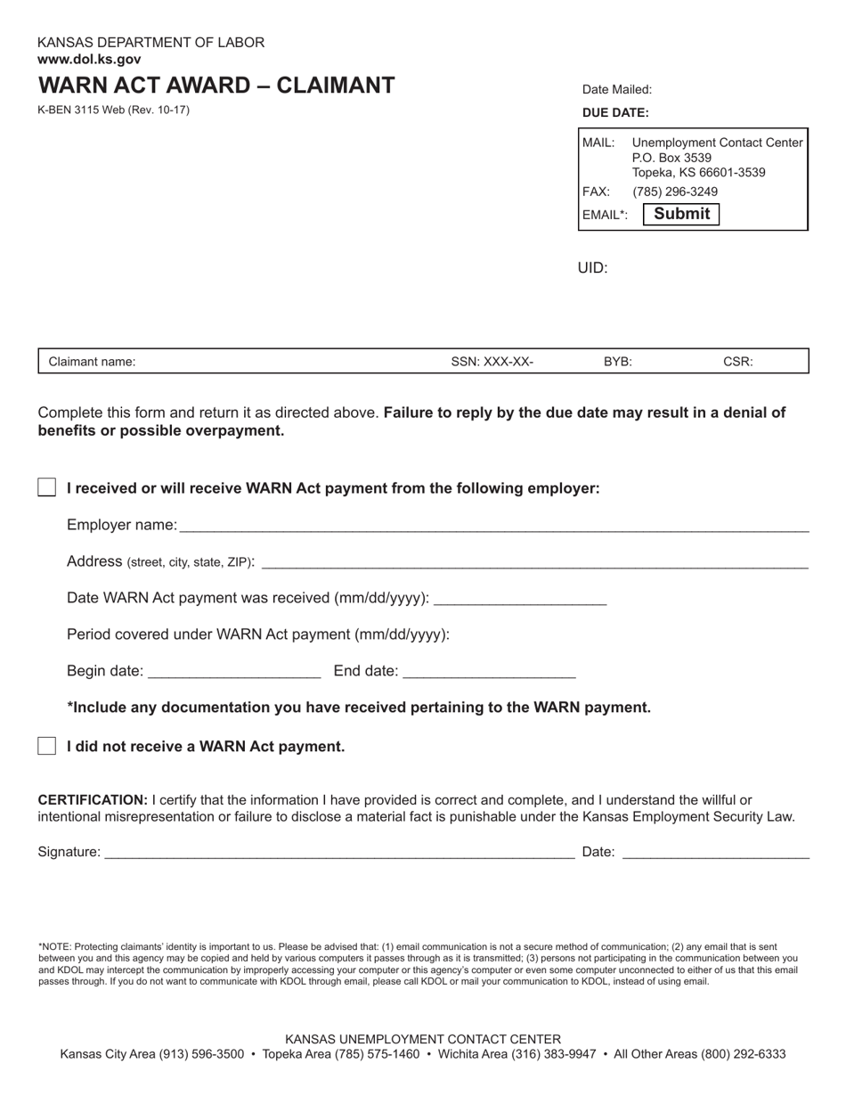 Form K-BEN3115 Warn Act Award - Claimant - Kansas, Page 1