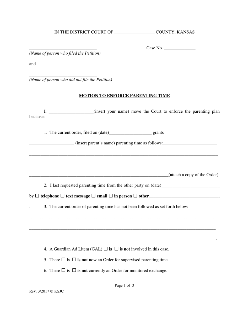 Kansas Motion to Enforce Parenting Time - Fill Out, Sign Online and ...