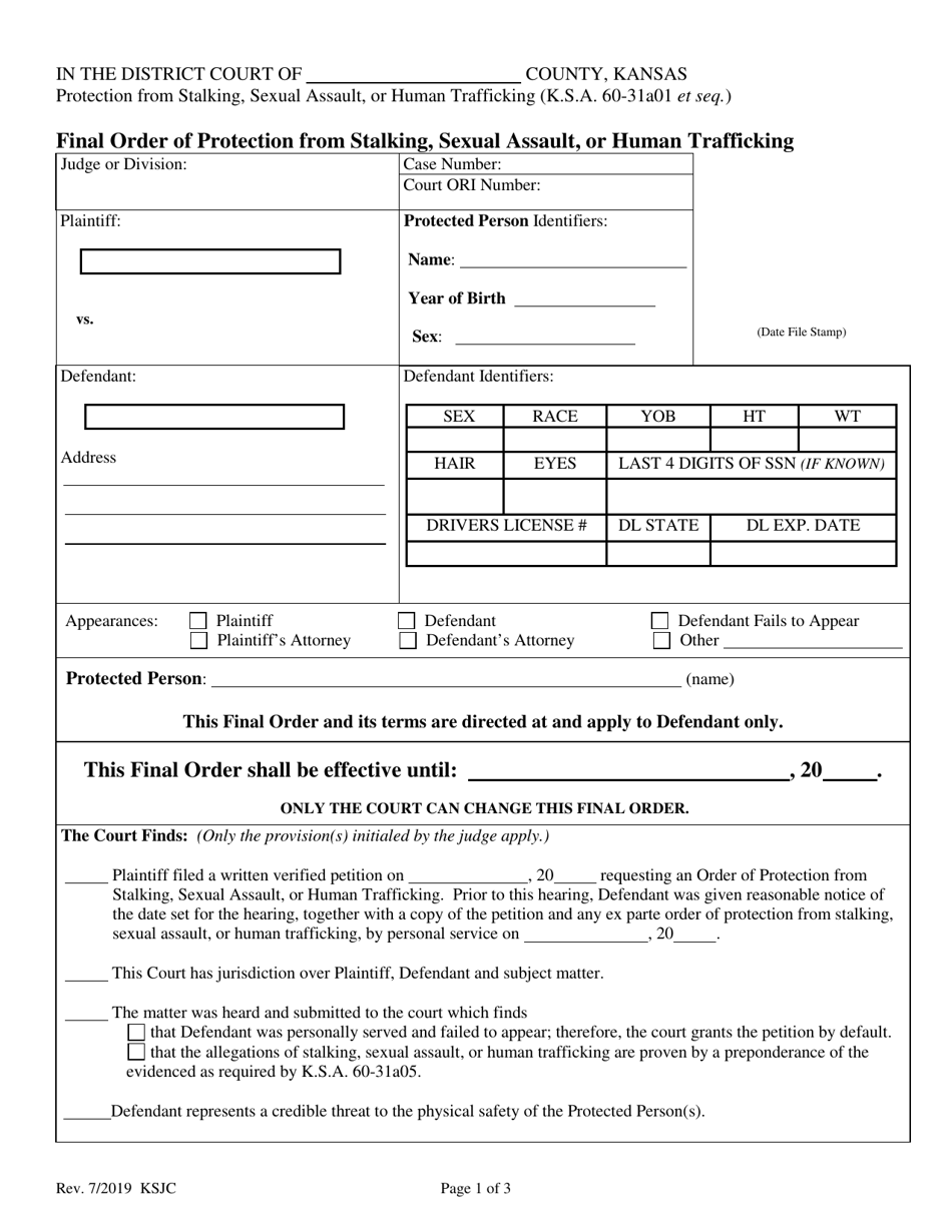 Final Order of Protection From Stalking, Sexual Assault, or Human Trafficking - Kansas, Page 1