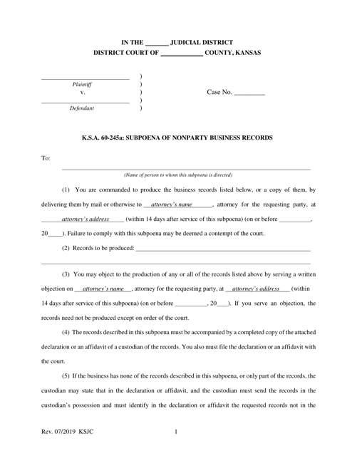 K.s.a. 60-245a: Subpoena of Nonparty Business Records - Kansas Download Pdf