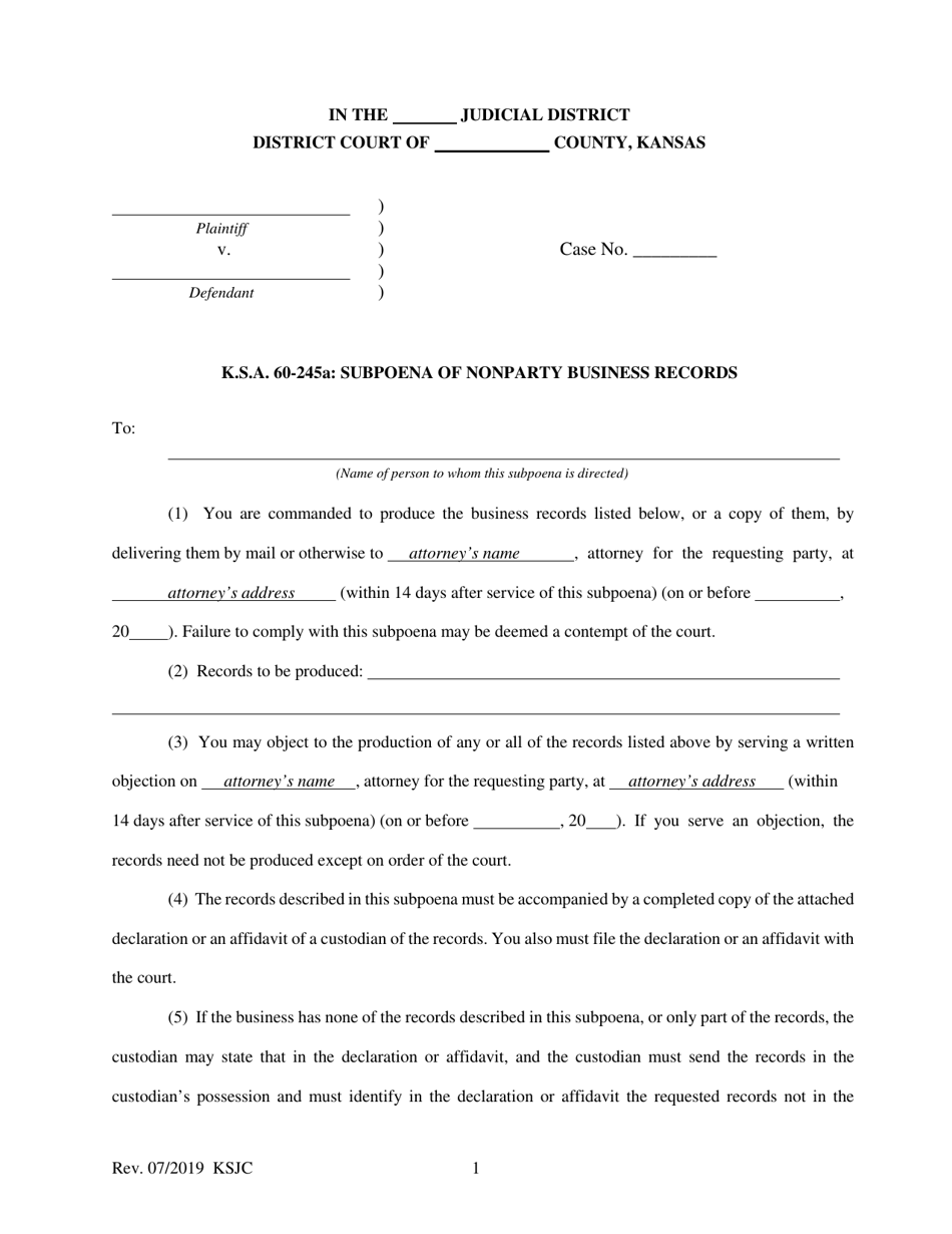 K.s.a. 60-245a: Subpoena of Nonparty Business Records - Kansas, Page 1