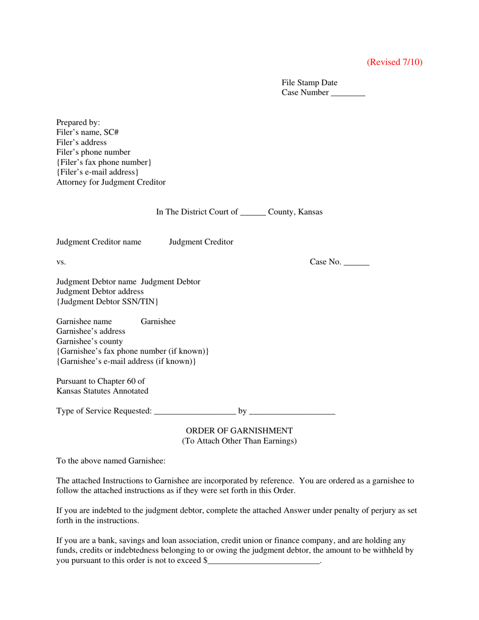 Order of Garnishment (To Attach Other Than Earnings) - Kansas, Page 1
