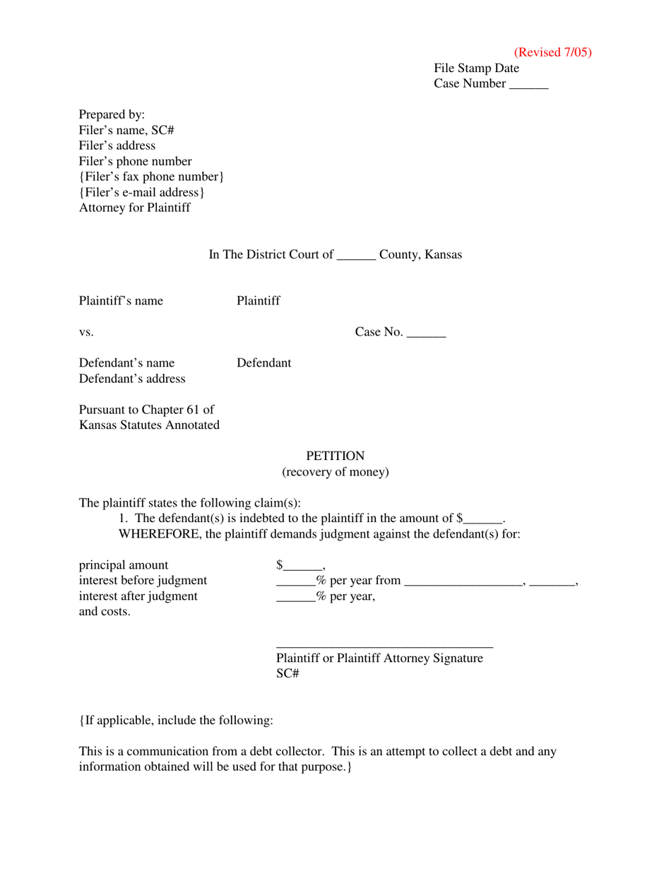 Petition (Recovery of Money) - Kansas, Page 1