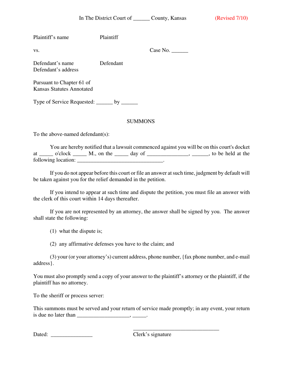 Summons and Return on Service of Summons - Kansas, Page 1
