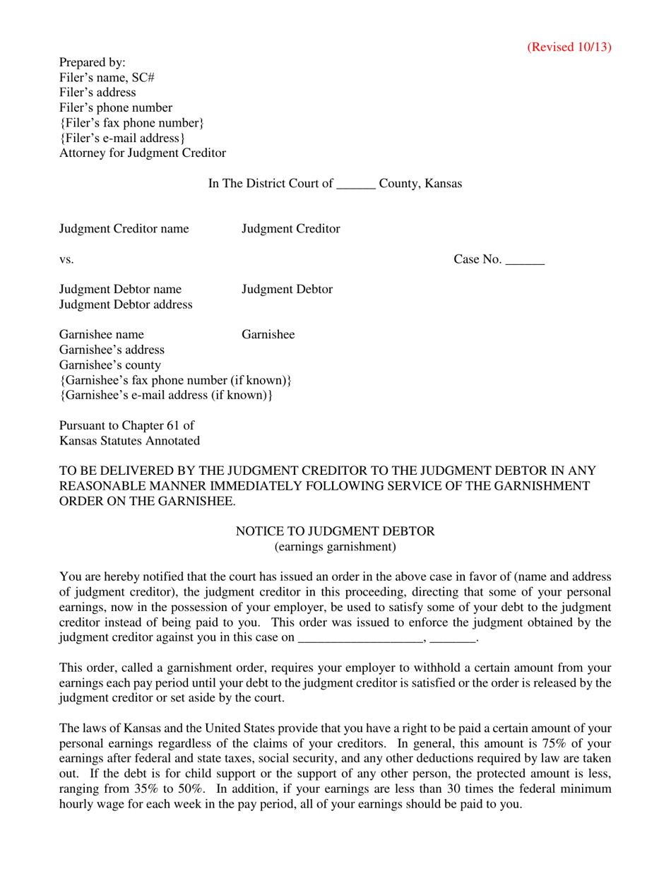 Kansas Notice to Judgement Debtor (Earnings Garnishment) Fill Out