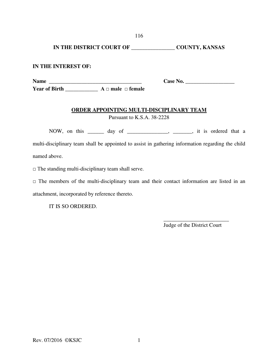 Form 116 Order Appointing Multi-Disciplinary Team - Kansas, Page 1