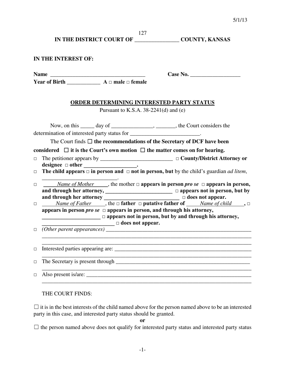 Form 127 Order Determining Interested Party Status - Kansas, Page 1