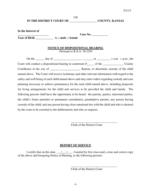 Form 150 Notice of Dispositional Hearing - Kansas