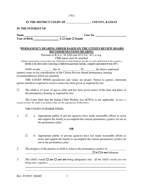 Form 170.2 Permanency Hearing Order Based on the Citizen Review Board Recommendations Hearing - Kansas