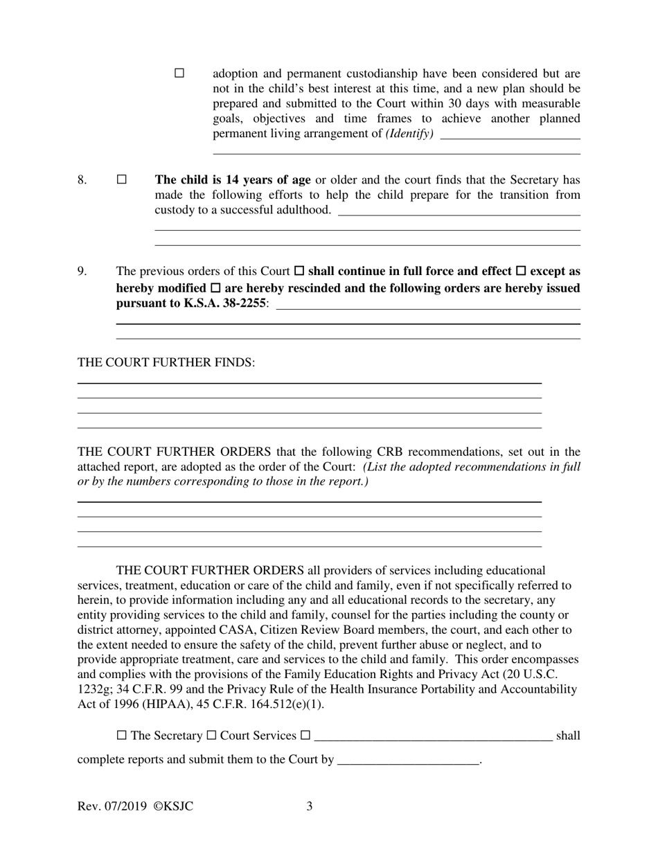 Form 170.2 Permanency Hearing Order Based on the Citizen Review Board Recommendations Hearing - Kansas, Page 3