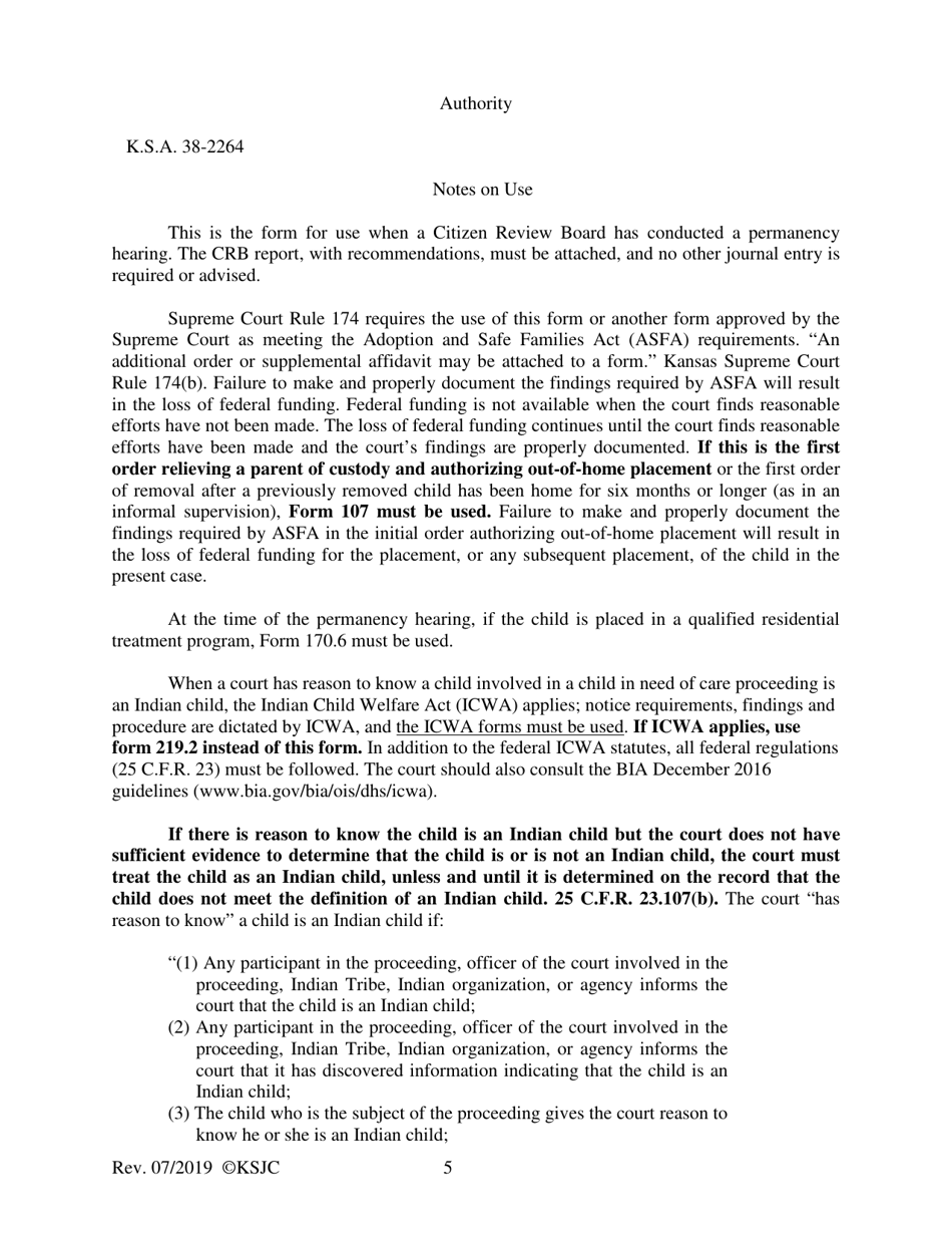 Form 170.2 Permanency Hearing Order Based on the Citizen Review Board Recommendations Hearing - Kansas, Page 5