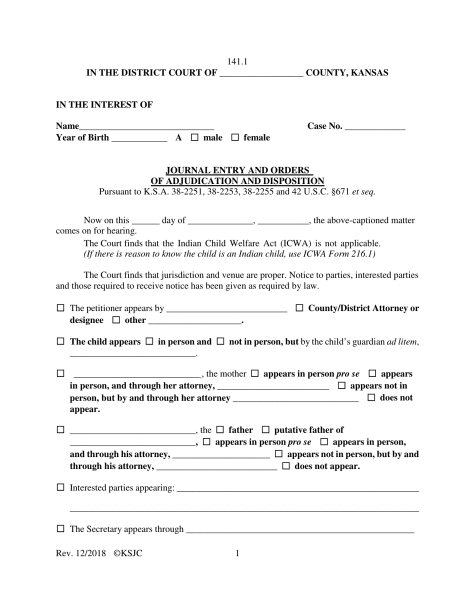 Form 141.1 Journal Entry and Orders of Adjudication and Disposition - Kansas, Page 1