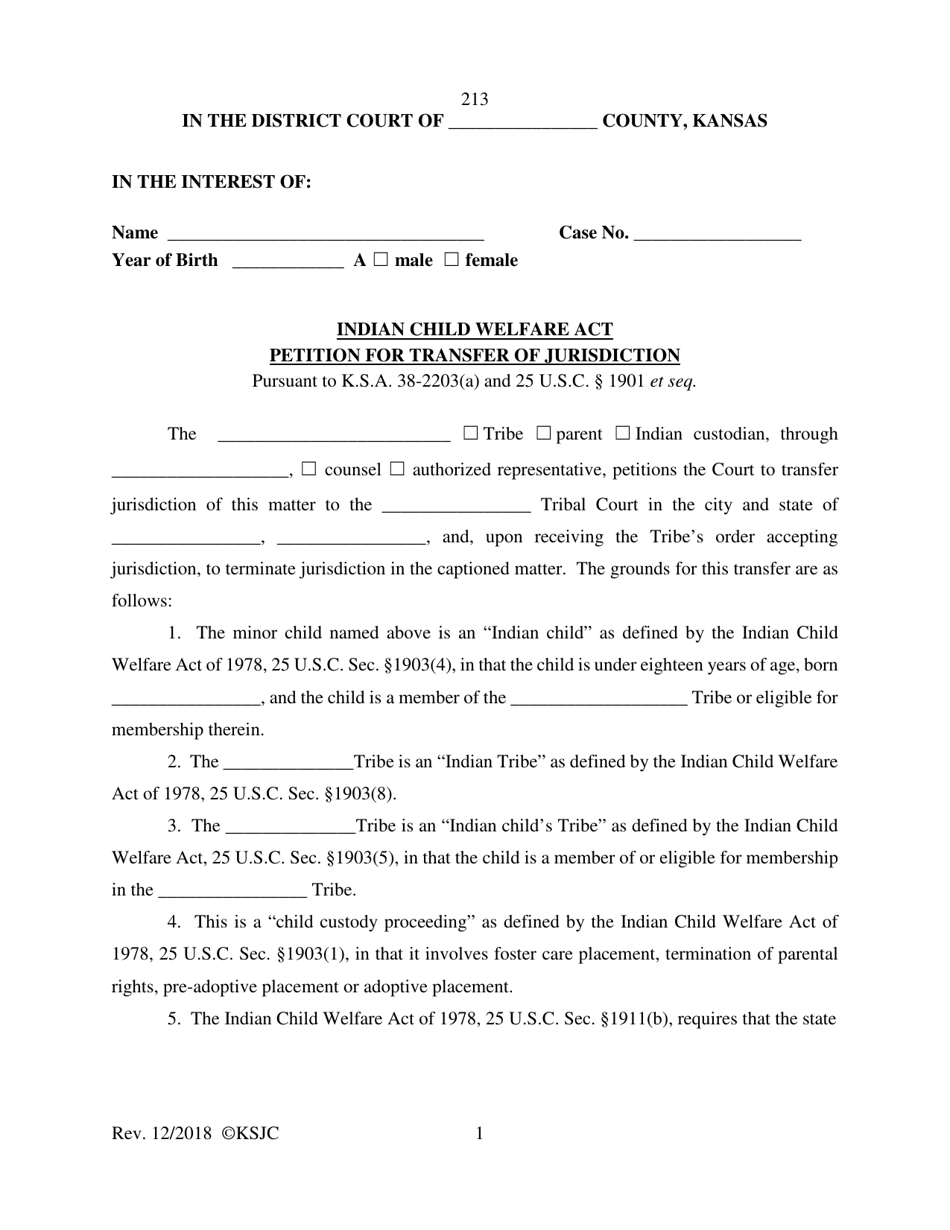 Form 213 Indian Child Welfare Act Petition for Transfer of Jurisdiction - Kansas, Page 1