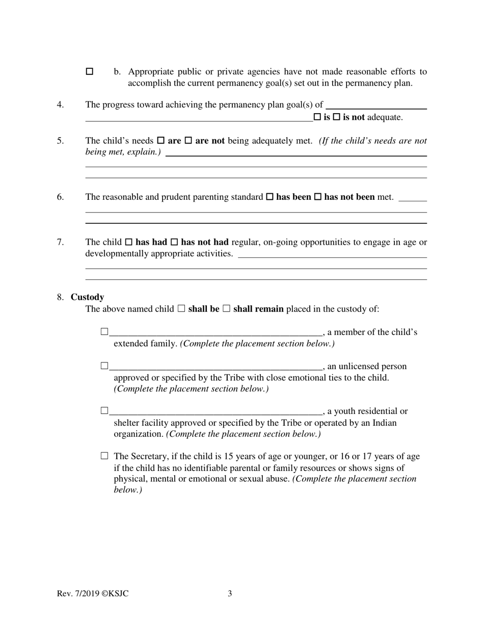Form 221.3 Indian Child Welfare Act Permanency Hearing Order for Child in Need of Care Post-termination for Another Planned Permanent Living Arrangement - Kansas, Page 3