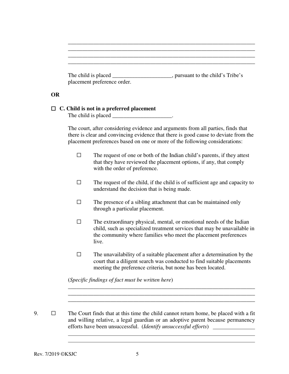 Form 221.3 Indian Child Welfare Act Permanency Hearing Order for Child in Need of Care Post-termination for Another Planned Permanent Living Arrangement - Kansas, Page 5