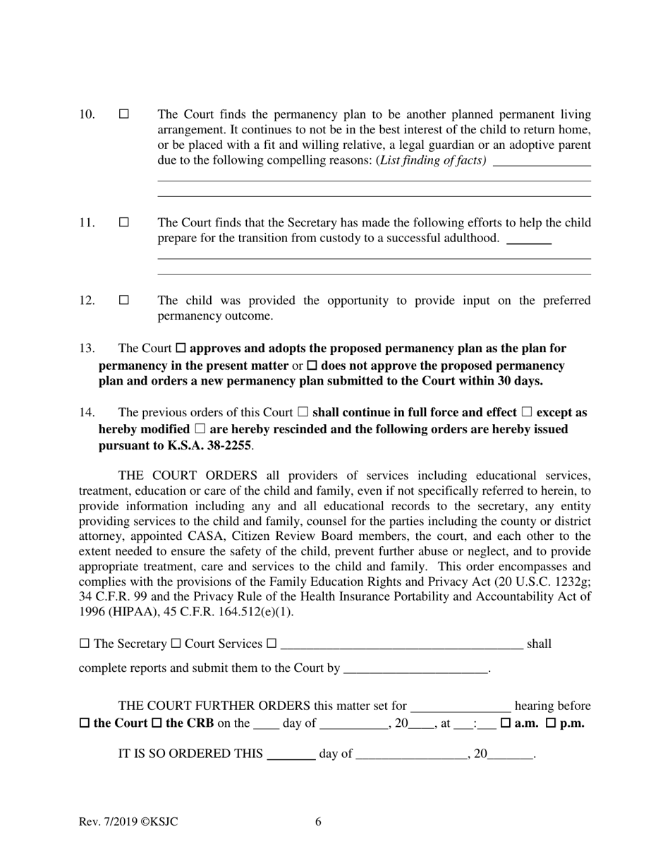 Form 221.3 Indian Child Welfare Act Permanency Hearing Order for Child in Need of Care Post-termination for Another Planned Permanent Living Arrangement - Kansas, Page 6