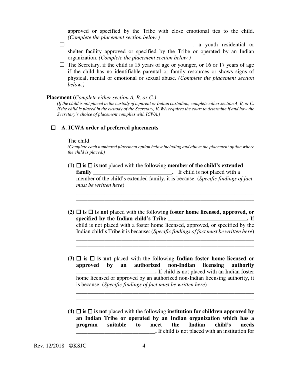 Form 217.1 Indian Child Welfare Act Journal Entry and Order of Disposition - Kansas, Page 4