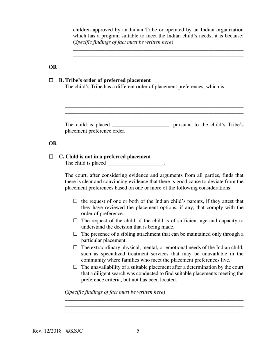 Form 217.1 Indian Child Welfare Act Journal Entry and Order of Disposition - Kansas, Page 5