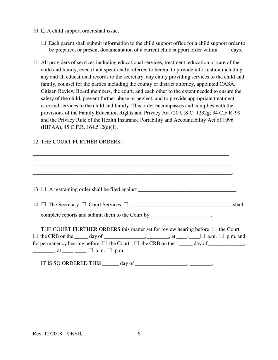 Form 217.1 Indian Child Welfare Act Journal Entry and Order of Disposition - Kansas, Page 6