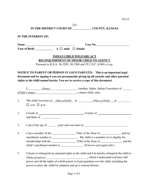 Form 223 Indian Child Welfare Act Relinquishment of Minor Child to Agency - Kansas