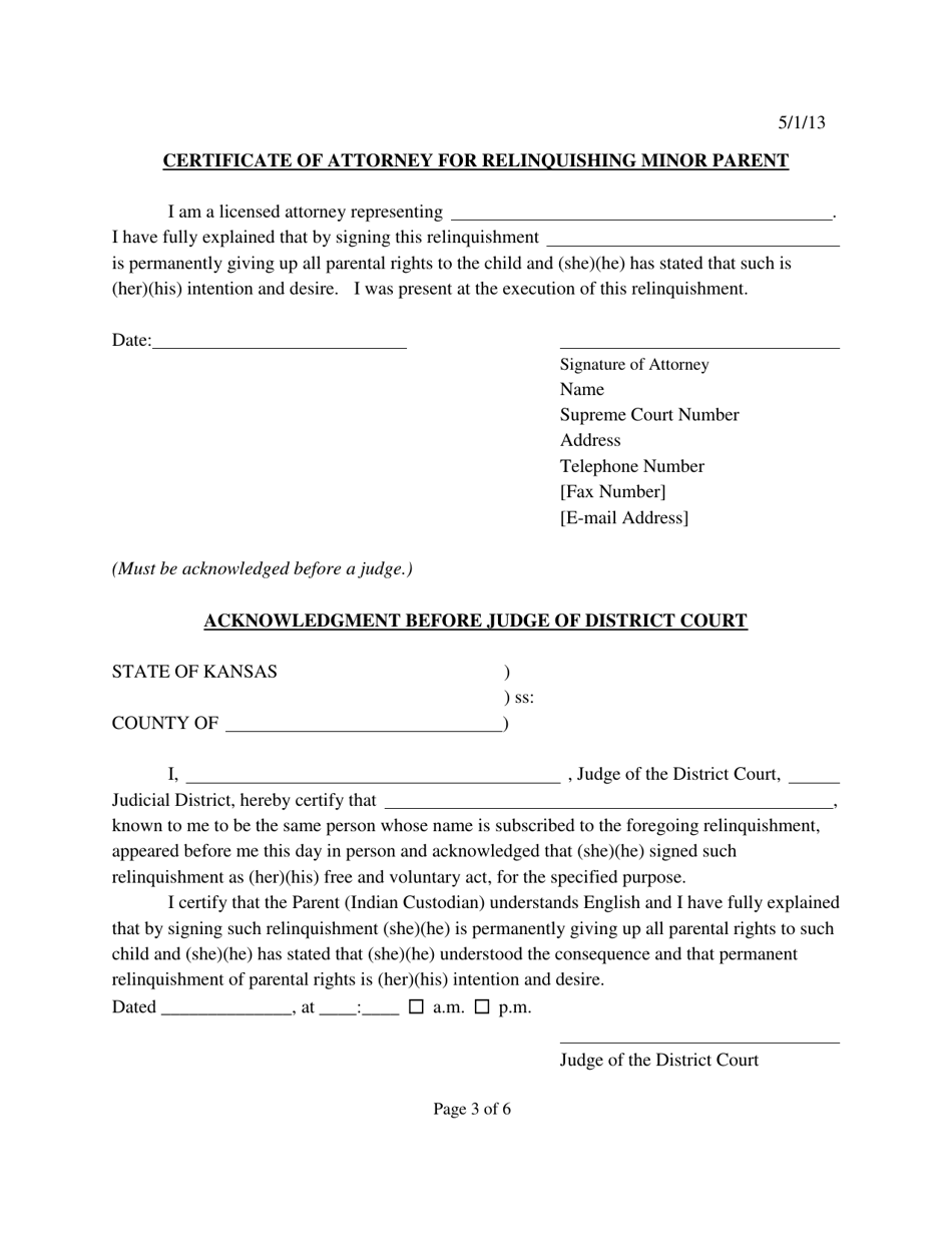 Form 223 Indian Child Welfare Act Relinquishment of Minor Child to Agency - Kansas, Page 3