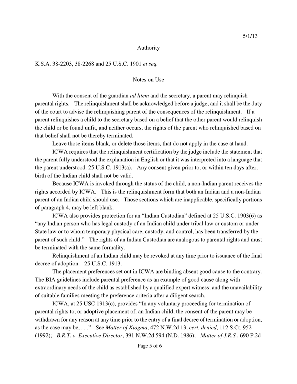 Form 223 Indian Child Welfare Act Relinquishment of Minor Child to Agency - Kansas, Page 5