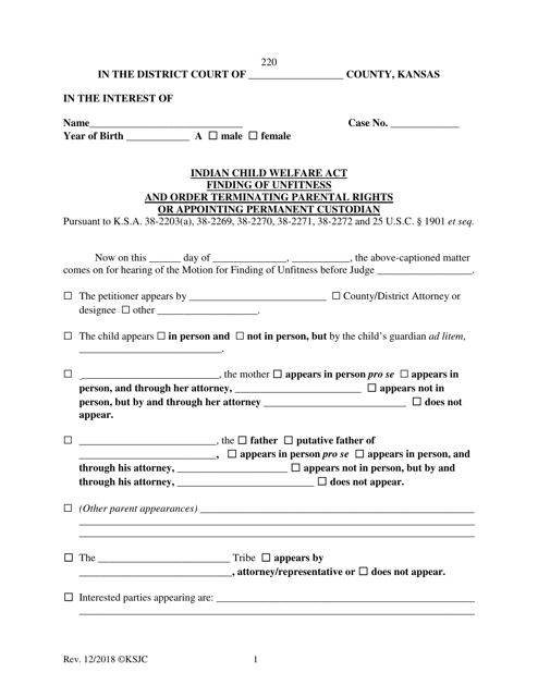 Form 220 Indian Child Welfare Act Finding the Unfitness and Order Terminating Parental Rights or Appointing Permanent Custodian - Kansas