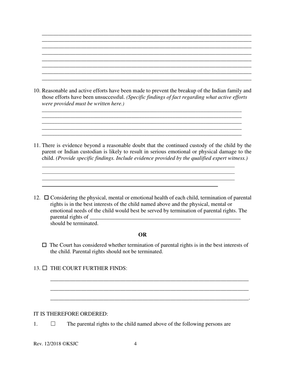 Form 220 Indian Child Welfare Act Finding the Unfitness and Order Terminating Parental Rights or Appointing Permanent Custodian - Kansas, Page 4