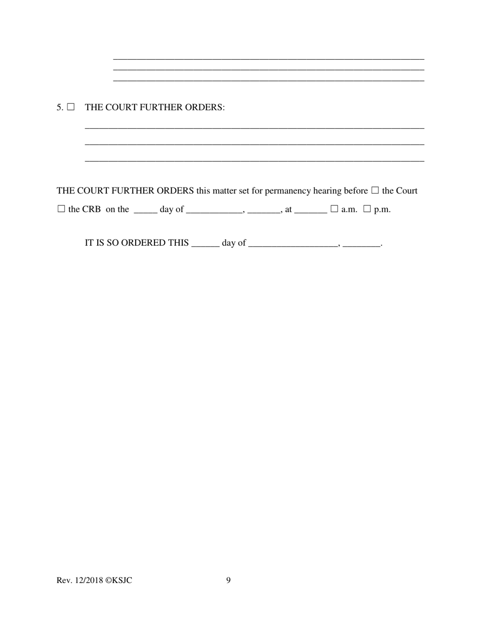 Form 220 Indian Child Welfare Act Finding the Unfitness and Order Terminating Parental Rights or Appointing Permanent Custodian - Kansas, Page 9