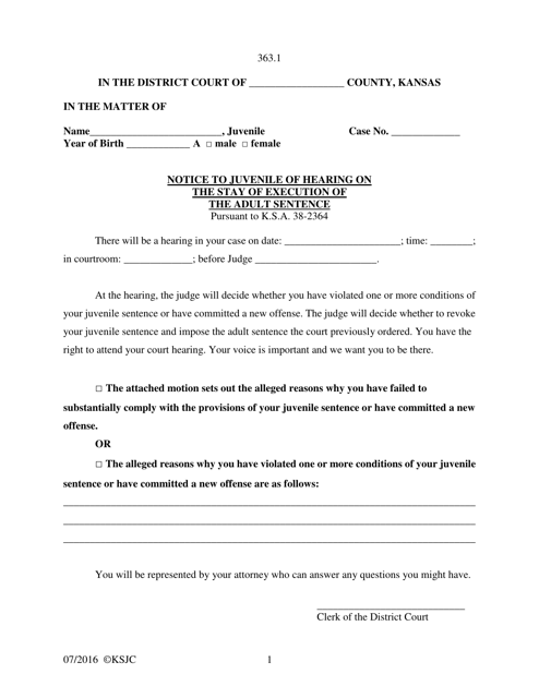 Form 363.1 Notice to Juvenile of Hearing on the Stay of Execution of the Adult Sentence - Kansas