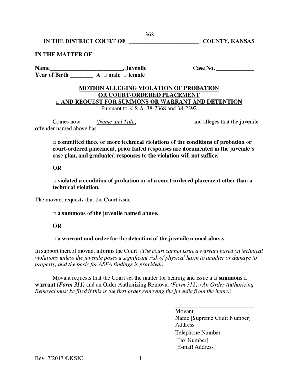 Form 368 Motion Alleging Violation of Probation or Court Ordered Placement and Request for Summons or Warrant and Detention - Kansas, Page 1