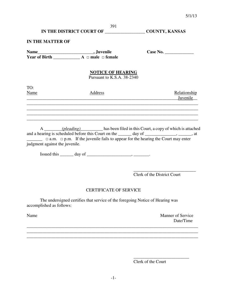 Form 391 Notice of Hearing - Kansas, Page 1