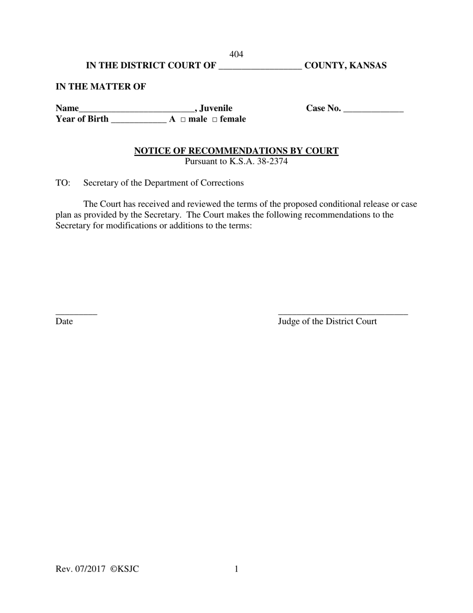 Form 404 Notice of Recommendations by Court - Kansas, Page 1