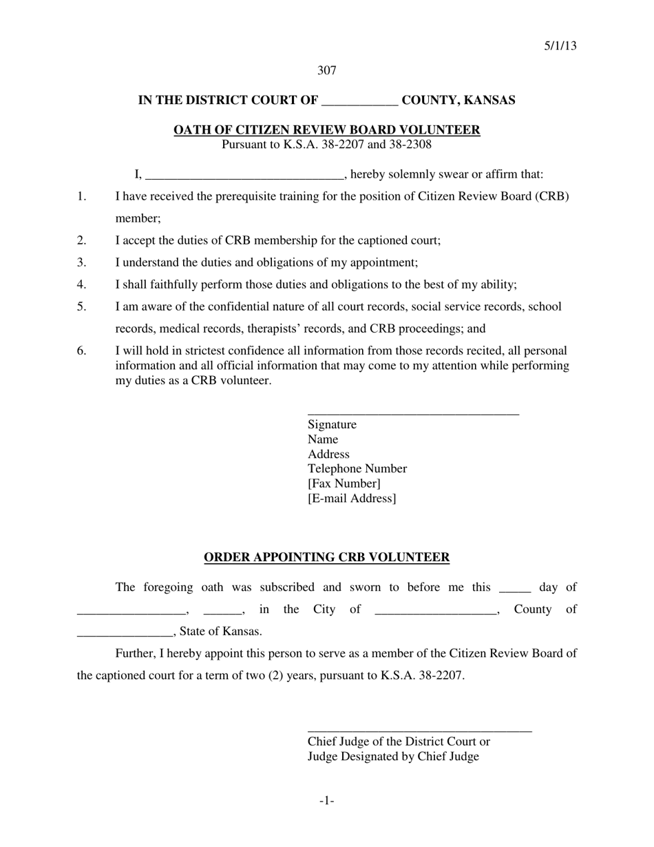 Form 307 Oath of Citizen Review Board Volunteer - Kansas, Page 1