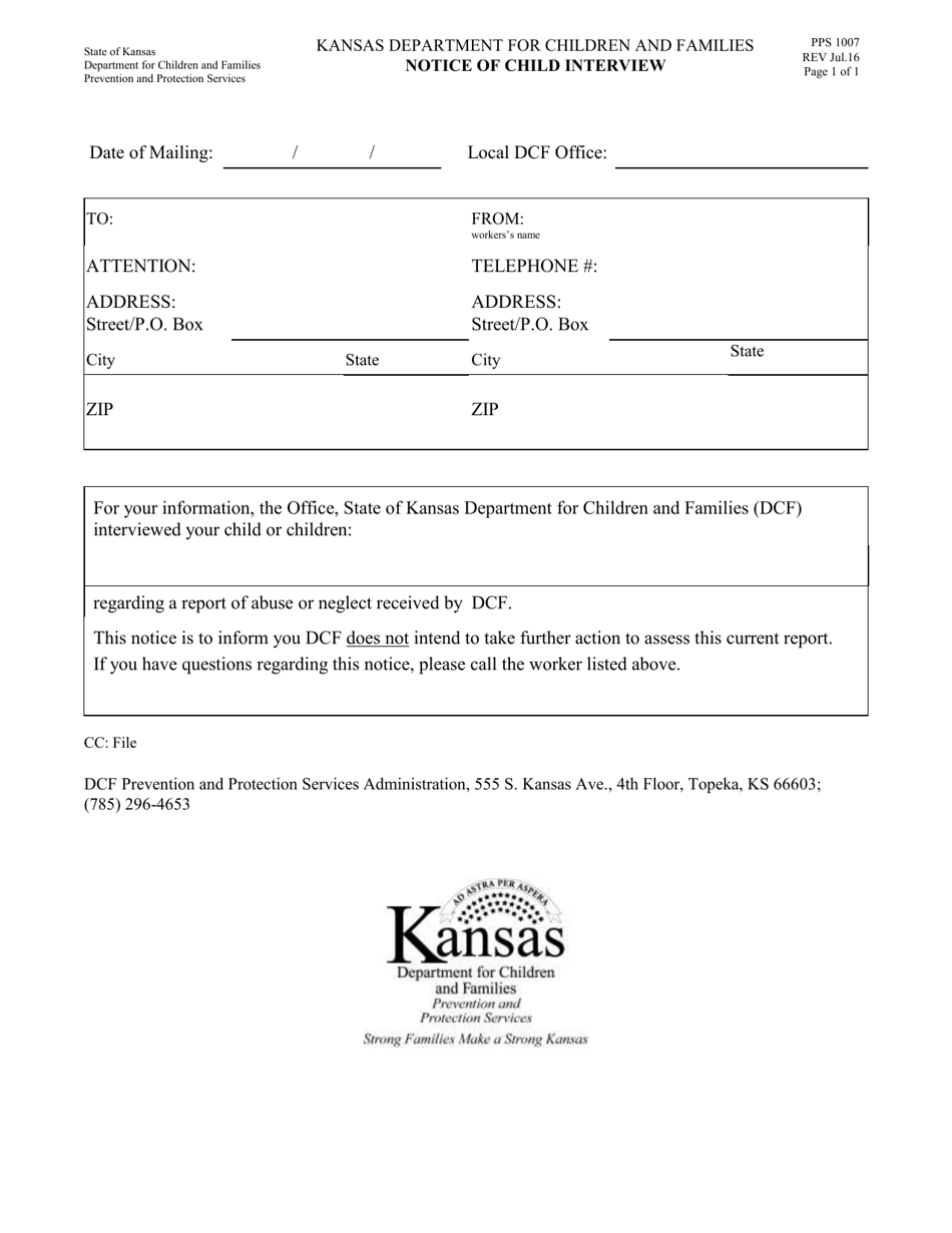 Form PPS1007 Notice of Child Interview - Kansas, Page 1