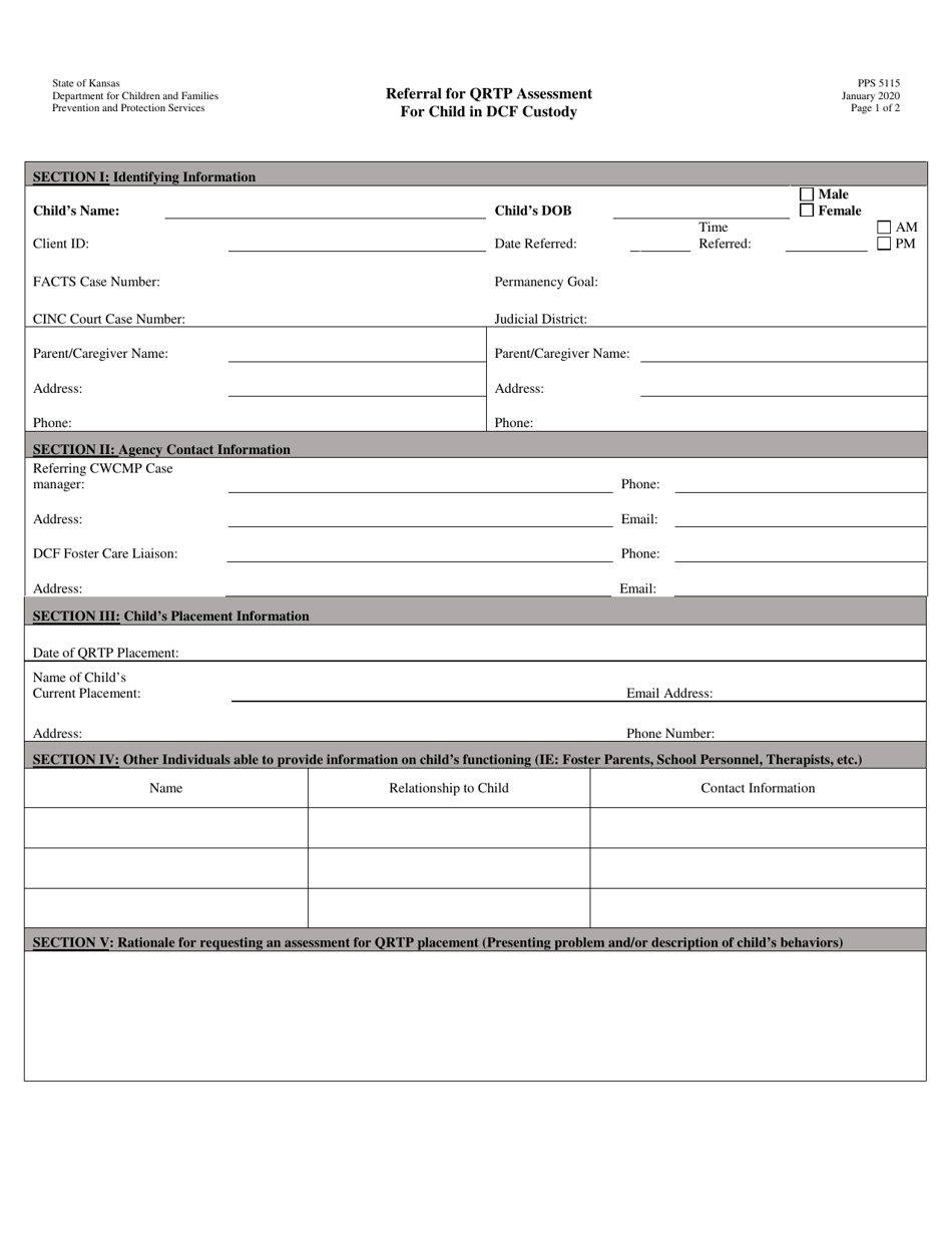Form PPS5115 Referral for Qrtp Assessment / For Child in Dcf Custody - Kansas, Page 1