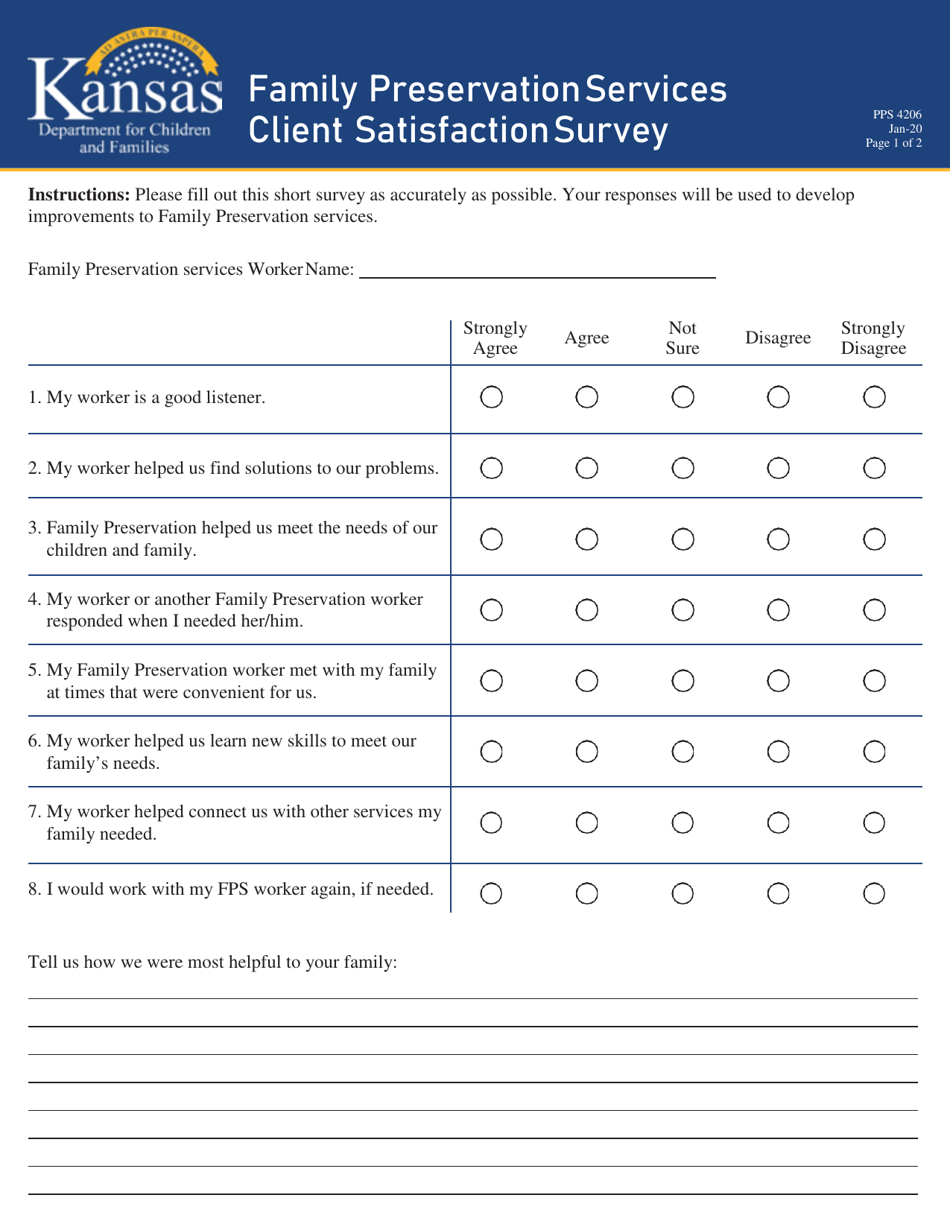 Form PPS4206 Family Preservation Services Client Satisfaction Survey - Kansas, Page 1