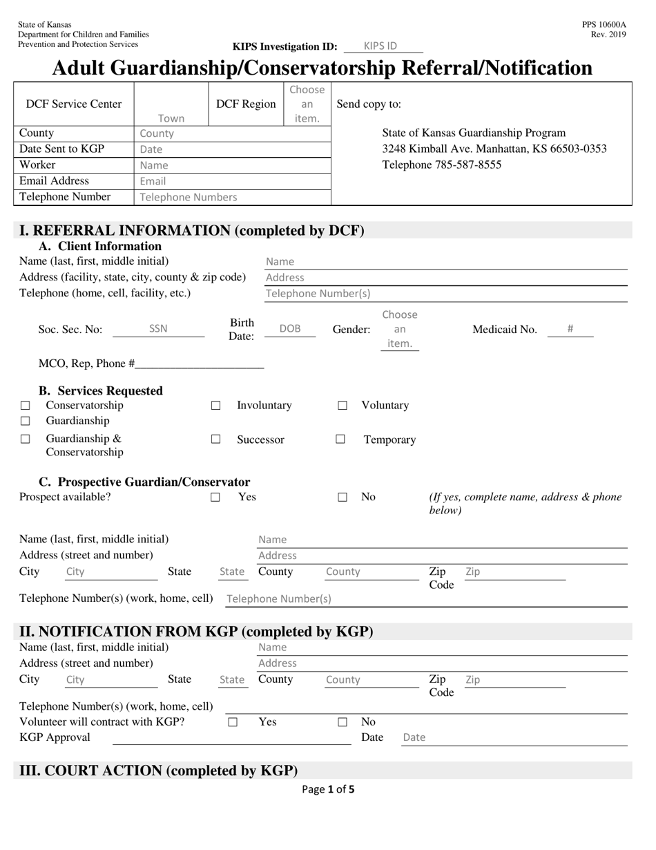 Form PPS10600A Adult Guardianship / Conservatorship Referral / Notification - Kansas, Page 1