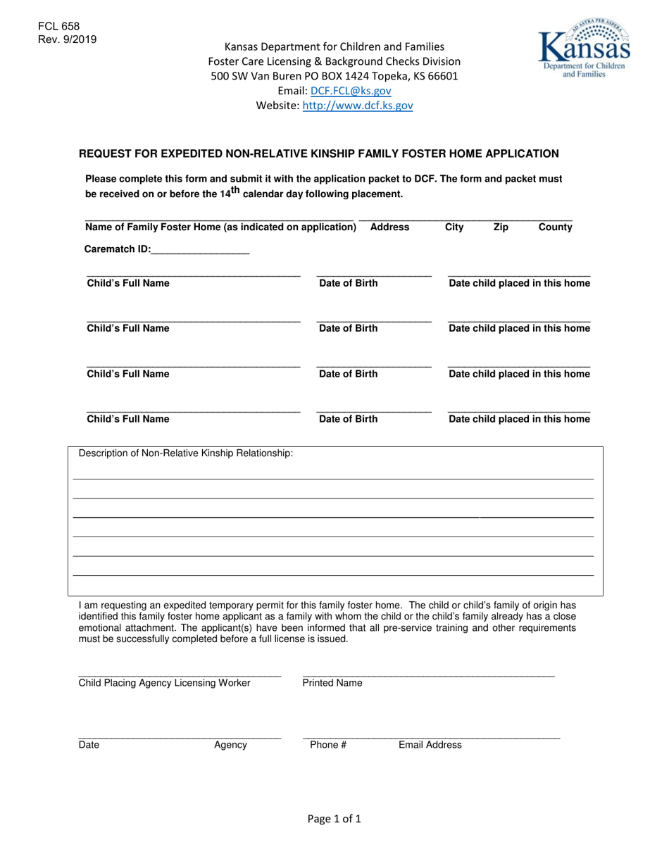 Form FCL658 Request for Expedited Non-relative Kinship Family Foster Home Application - Kansas, Page 1