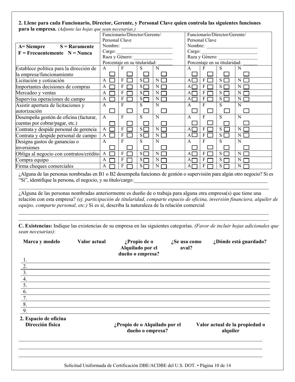 Apendice F Solicitud Para Certificacion Unificada - Empresa De Personas Desfavorecidas (Dbe) Empresa De Personas Desfavorecidas Concesionario En Un Aeropuerto (Spanish), Page 10