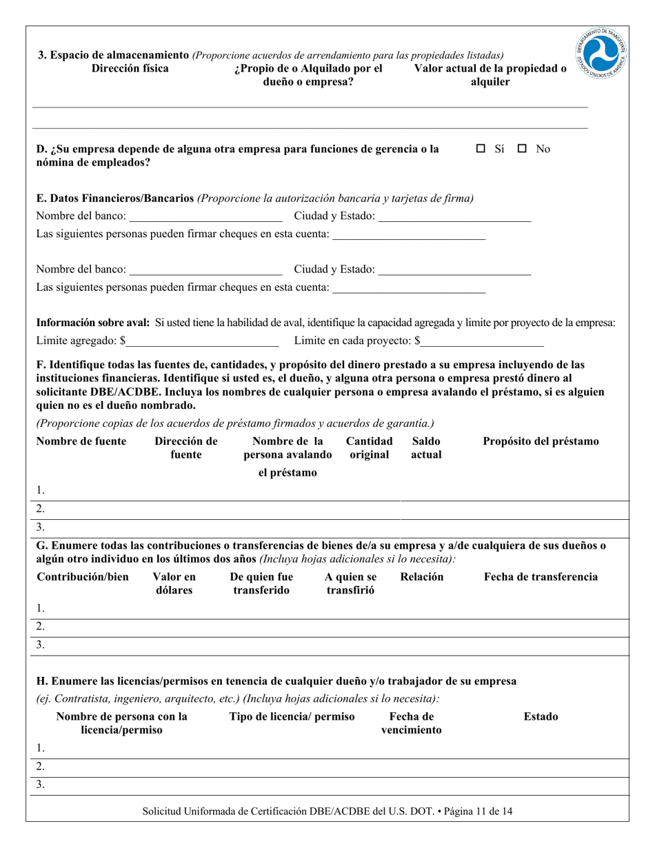 Apendice F Solicitud Para Certificacion Unificada - Empresa De Personas Desfavorecidas (Dbe) Empresa De Personas Desfavorecidas Concesionario En Un Aeropuerto (Spanish), Page 11