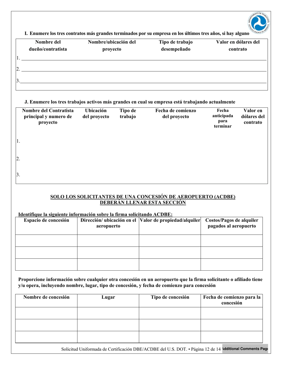 Apendice F Solicitud Para Certificacion Unificada - Empresa De Personas Desfavorecidas (Dbe) Empresa De Personas Desfavorecidas Concesionario En Un Aeropuerto (Spanish), Page 12