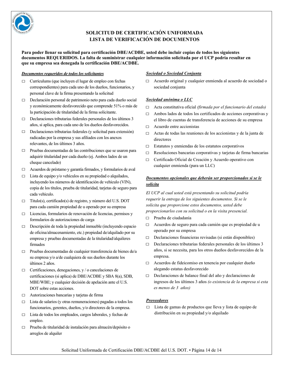Apendice F Solicitud Para Certificacion Unificada - Empresa De Personas Desfavorecidas (Dbe) Empresa De Personas Desfavorecidas Concesionario En Un Aeropuerto (Spanish), Page 14