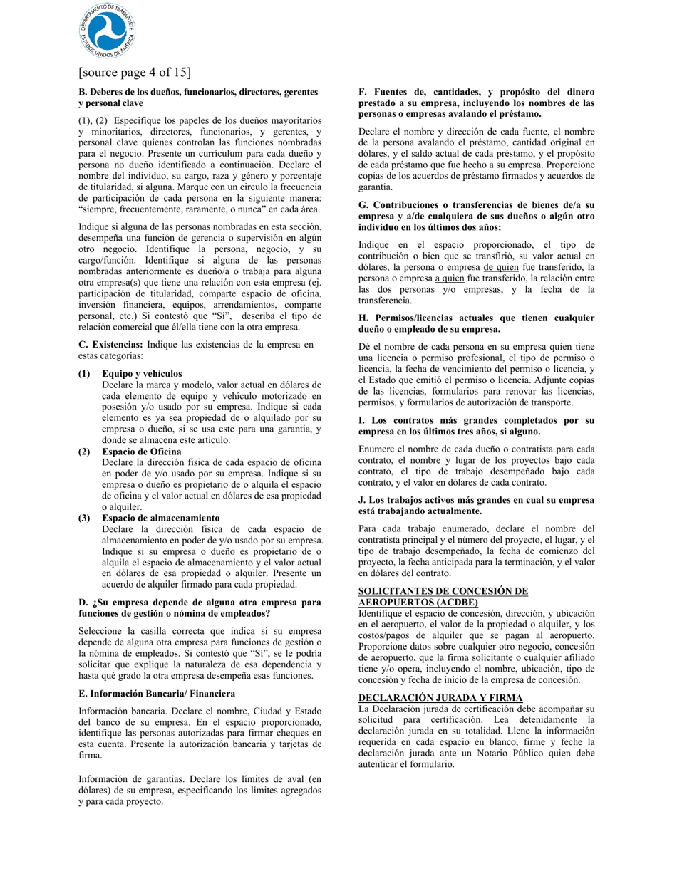 Apendice F Solicitud Para Certificacion Unificada - Empresa De Personas Desfavorecidas (Dbe) Empresa De Personas Desfavorecidas Concesionario En Un Aeropuerto (Spanish), Page 4