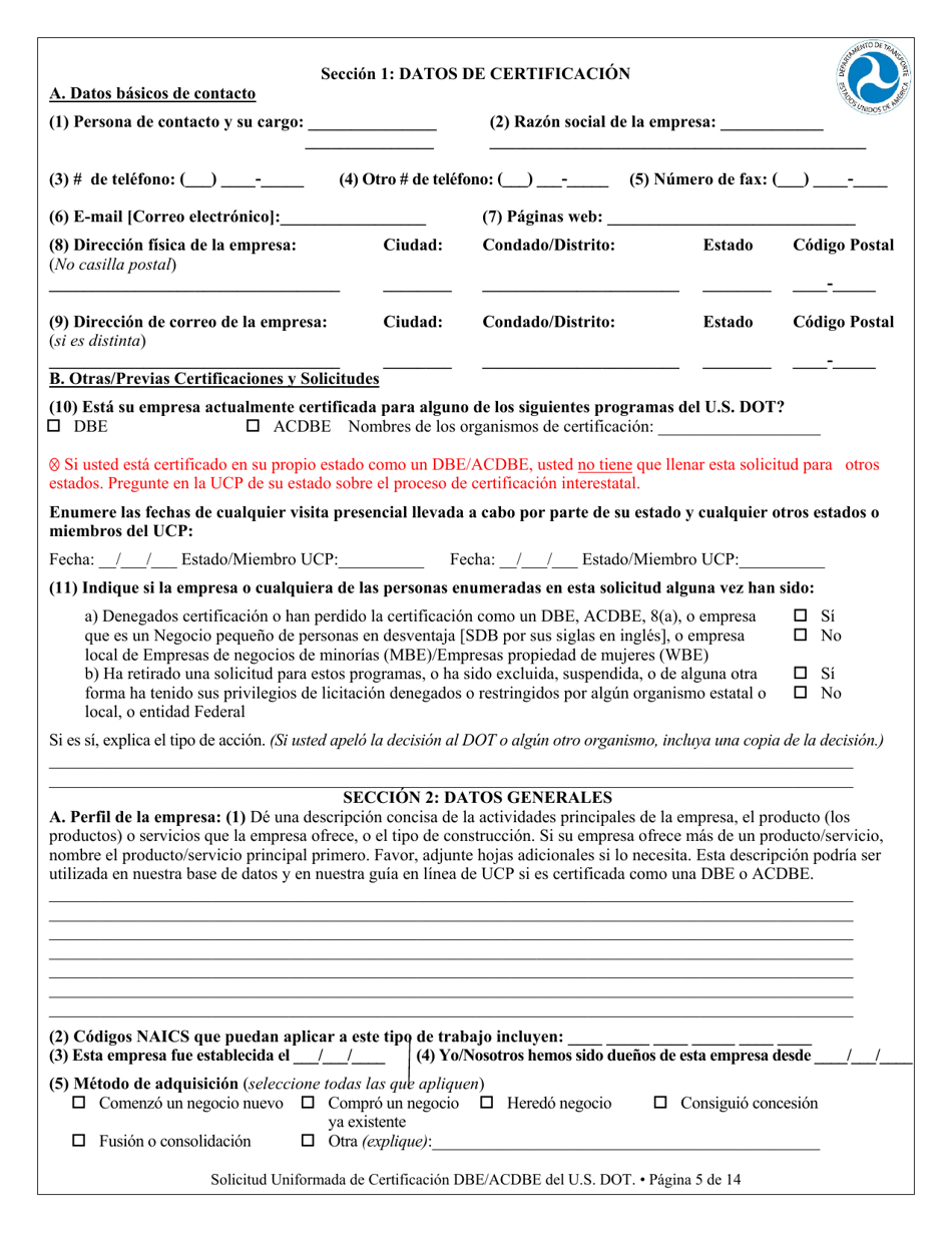 Apendice F Solicitud Para Certificacion Unificada - Empresa De Personas Desfavorecidas (Dbe) Empresa De Personas Desfavorecidas Concesionario En Un Aeropuerto (Spanish), Page 5