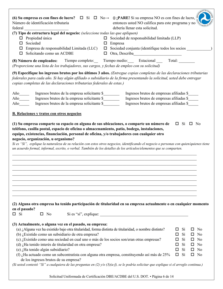 Apendice F Solicitud Para Certificacion Unificada - Empresa De Personas Desfavorecidas (Dbe) Empresa De Personas Desfavorecidas Concesionario En Un Aeropuerto (Spanish), Page 6