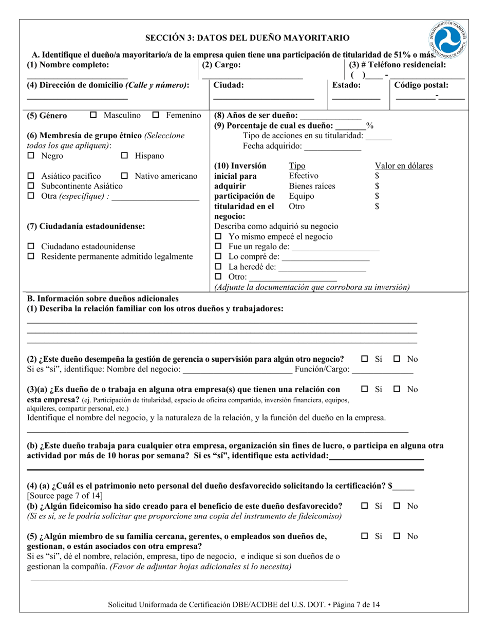 Apendice F Solicitud Para Certificacion Unificada - Empresa De Personas Desfavorecidas (Dbe) Empresa De Personas Desfavorecidas Concesionario En Un Aeropuerto (Spanish), Page 7