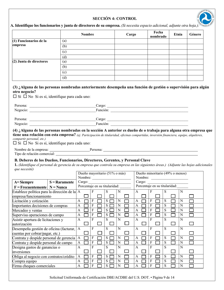 Apendice F Solicitud Para Certificacion Unificada - Empresa De Personas Desfavorecidas (Dbe) Empresa De Personas Desfavorecidas Concesionario En Un Aeropuerto (Spanish), Page 9