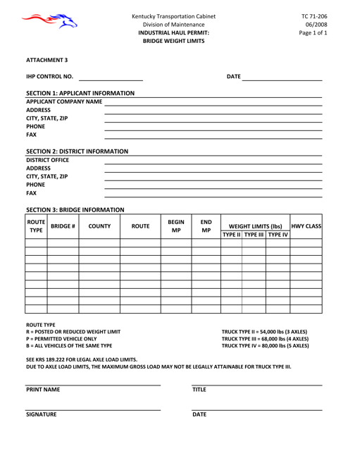 Form Tc71 6 Attachment 3 Download Printable Pdf Or Fill Online Industrial Haul Permit Bridge Weight Limits Kentucky Templateroller