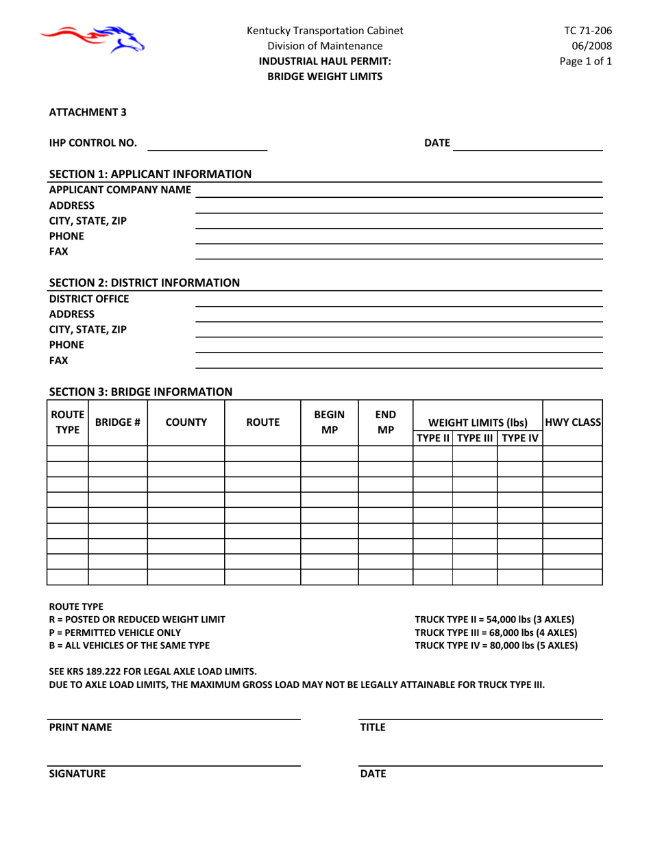 Form TC71-206 Attachment 3 Industrial Haul Permit: Bridge Weight Limits - Kentucky, Page 1